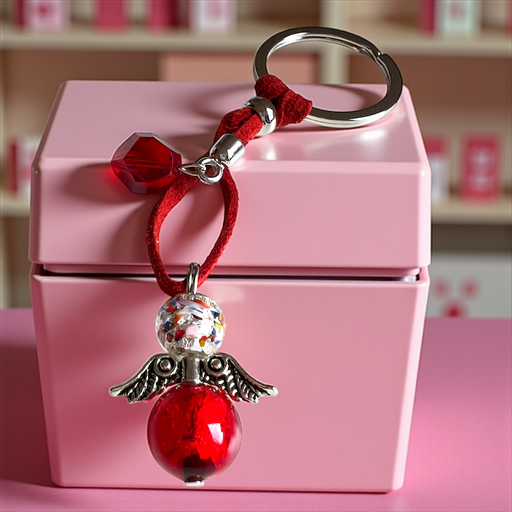 Murano glas sleutelhanger Angelo Fortuna rosso maculato - handgemaakt rood gespikkeld geluksengeltje