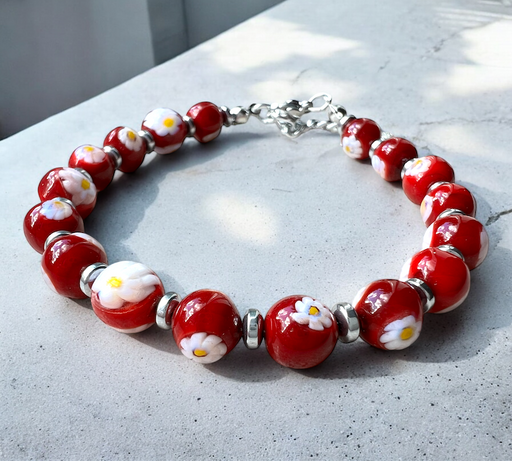 Murano glas armband San Remo rosso scuro - handgemaakt donkerrood Venetiaans glas van Corte Murrina