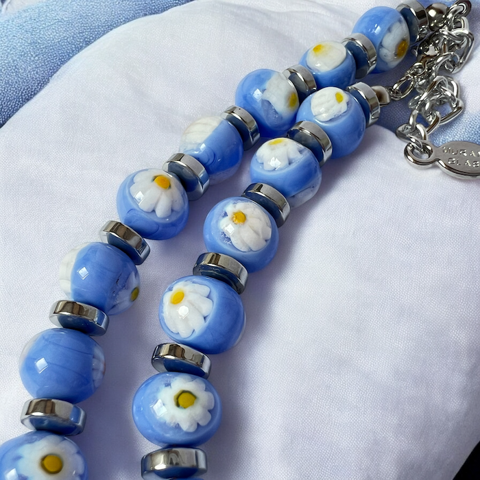 Murano glas halsketting San Remo azzurro detail - handgemaakte blauwe glazen kralen van Corte Murrina