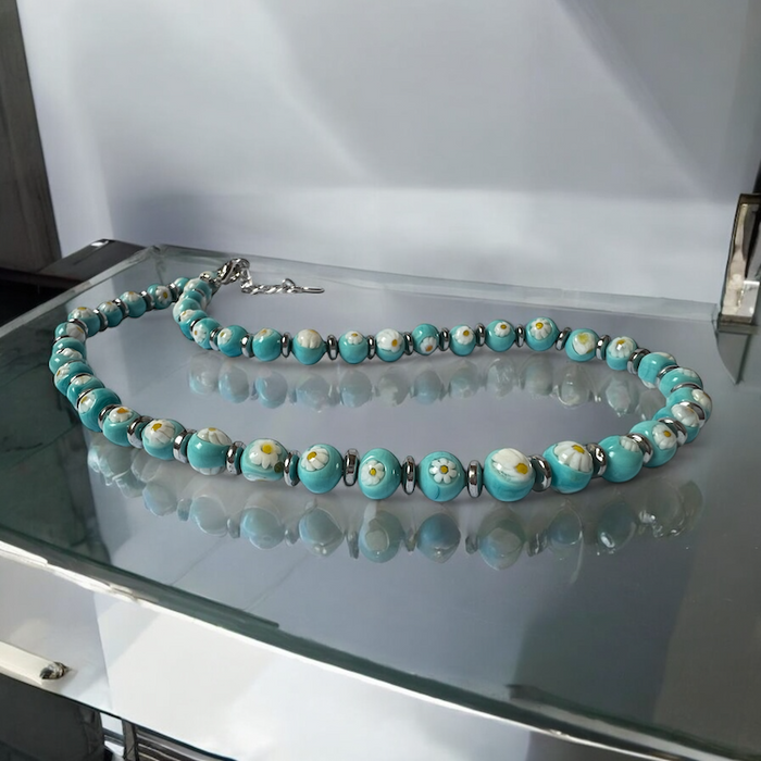 Murano glas halsketting San Remo aqua blauw handgemaakt Venetiaans glas
