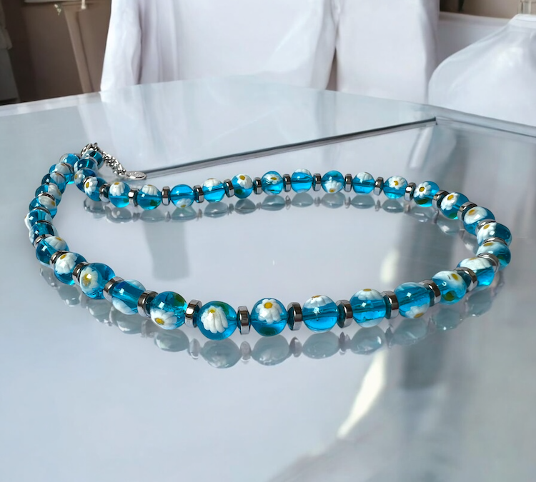 Murano glas halsketting San Remo aqua blauw handgemaakt Venetiaans glas