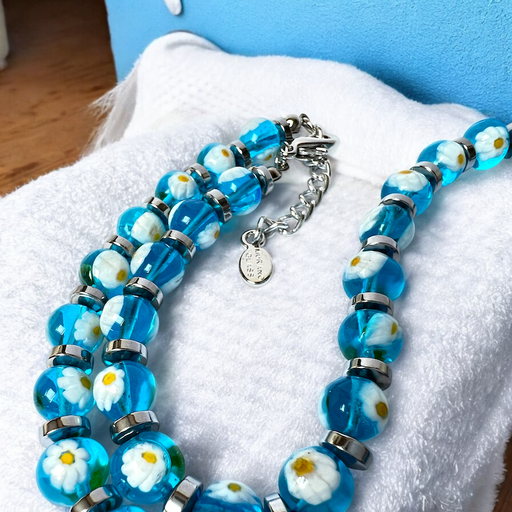 Murano glas halsketting San Remo aqua trasparente detail - handgemaakte transparante aqua glazen kralen