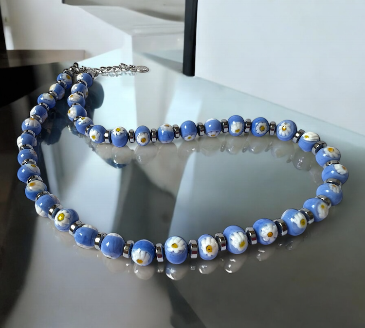 Murano glas halsketting San Remo aqua blauw handgemaakt Venetiaans glas
