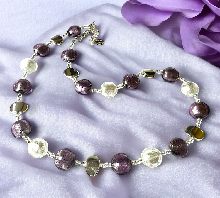 Murano glas halsketting Sienna Argento viola bianco - handgemaakt paars-wit Venetiaans glas