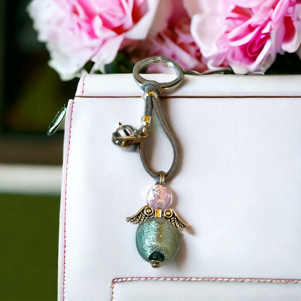 Murano glas sleutelhanger Angelo Fortuna verde rosa - handgemaakt groen-roze geluksengeltje