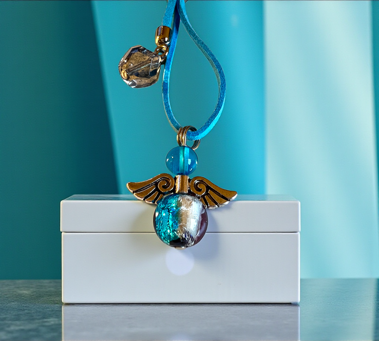 Murano glas sleutelhanger 'Angelo Fortuna' a strisce blu e bianche