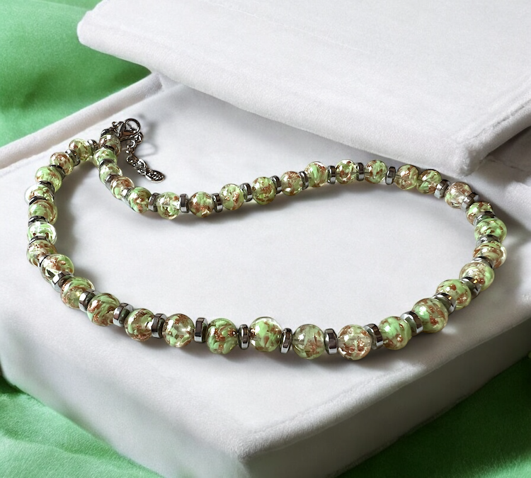 Murano glas halsketting Palermo Argento verde chiaro - handgemaakt lichtgroen Venetiaans glas