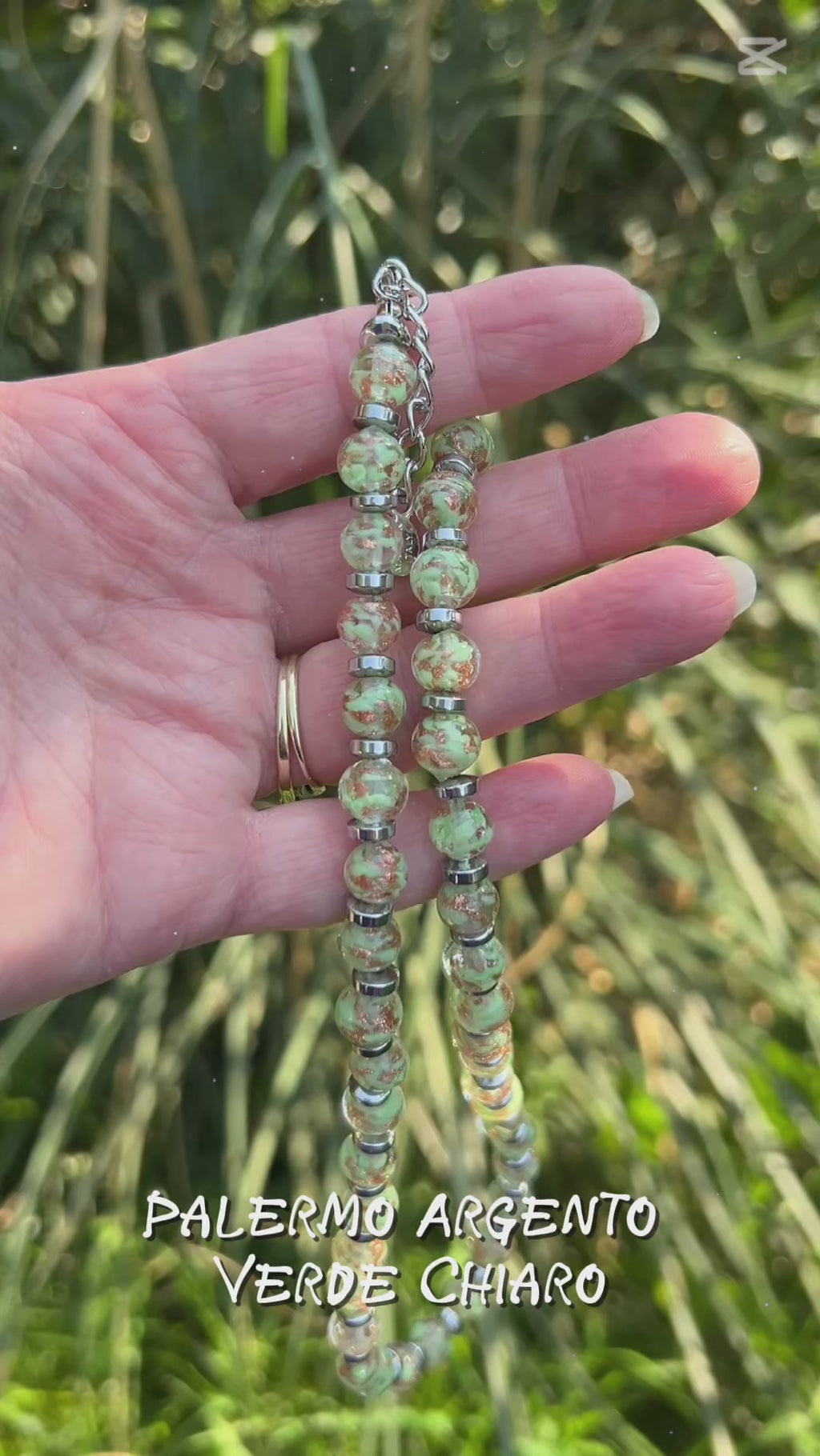 Murano glas halsketting Palermo Argento verde chiaro - handgemaakt lichtgroen Venetiaans glas