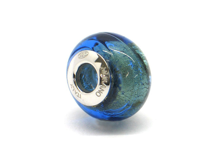 Murano glas bead - Acquamarina profonda con vortici dorati