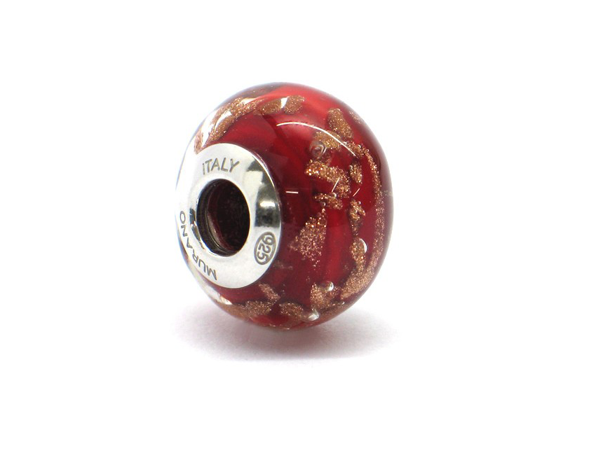 Murano glas bead - Velluto rosso con vortici dorati