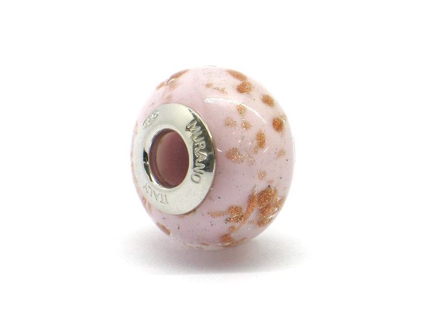 Murano glas bead - Rosa con vortici dorati