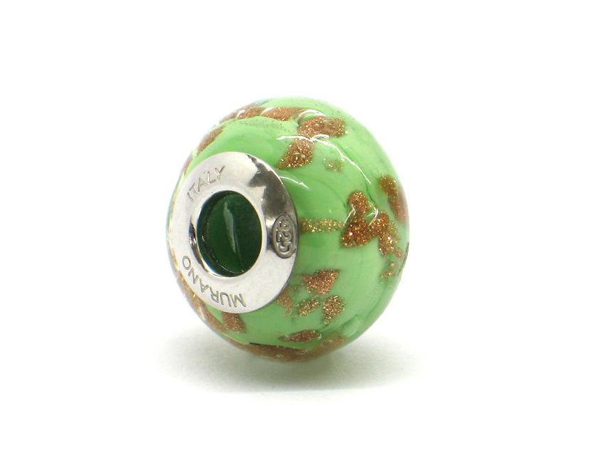 Murano glas bead - Lime con vortici dorati