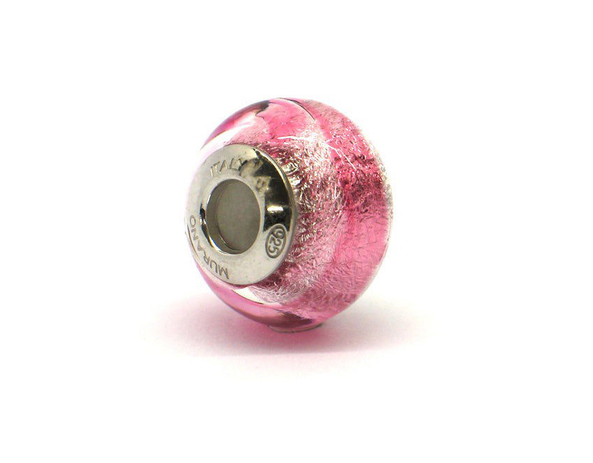 Murano glas bead - Rosa con vortici bianchi